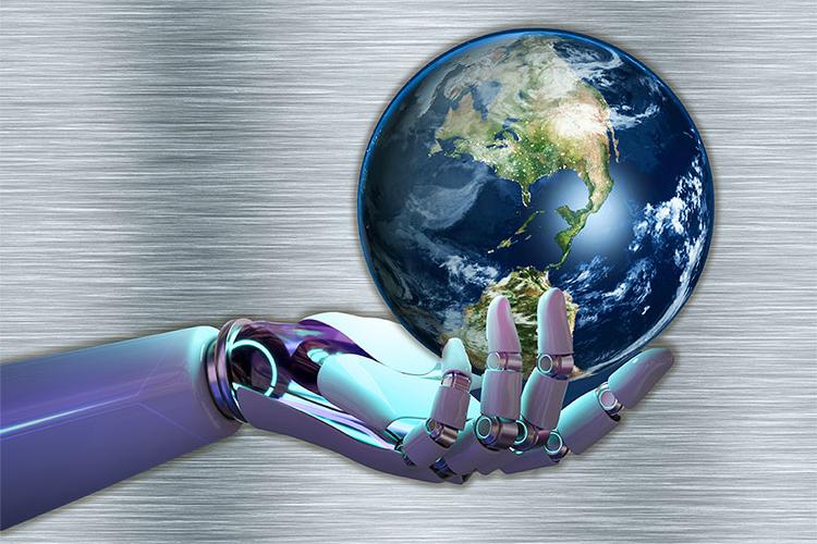 robotic hand holding the earth