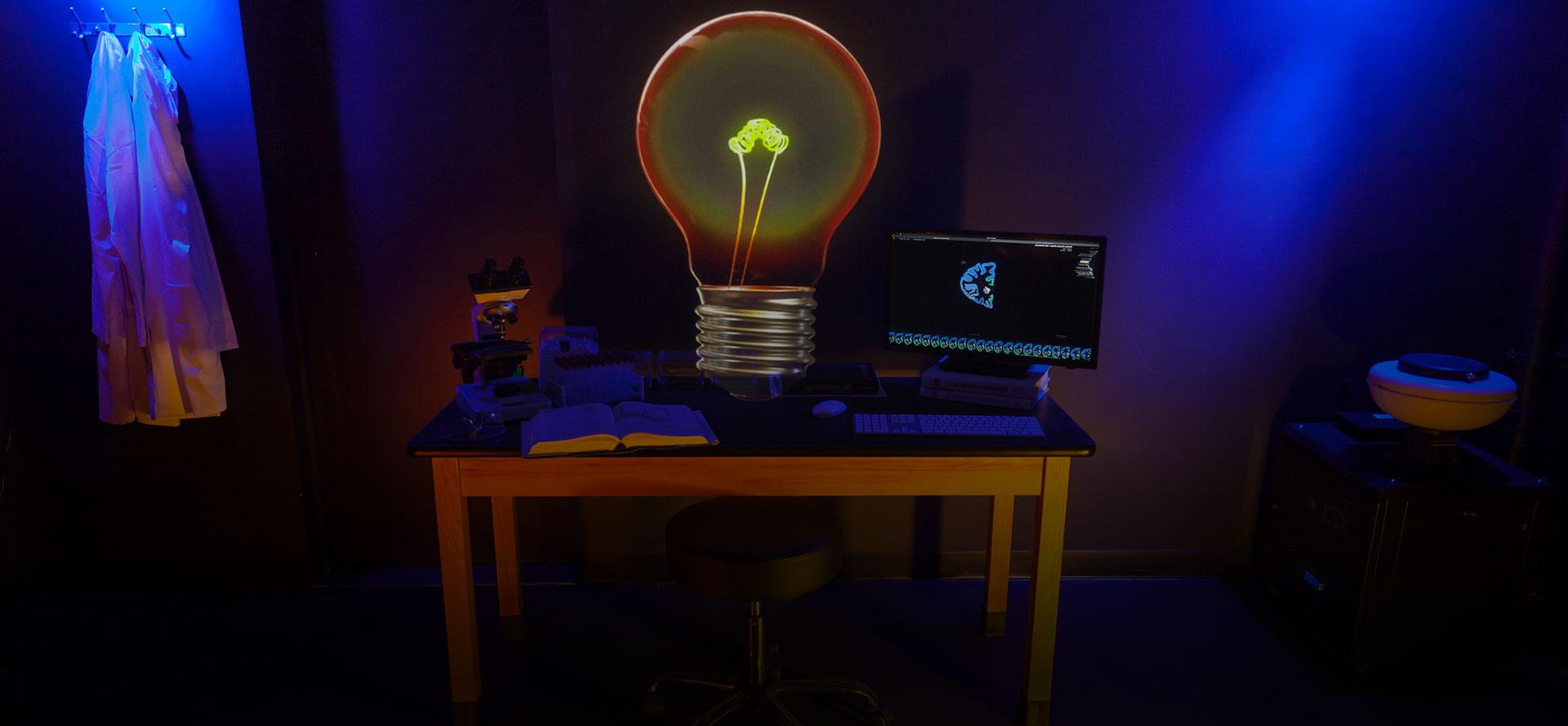 Desk with image of lightbulb on it